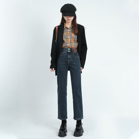 Women's SHOWLONG Jeans Loose and versatile high waisted elastic straight leg pants
